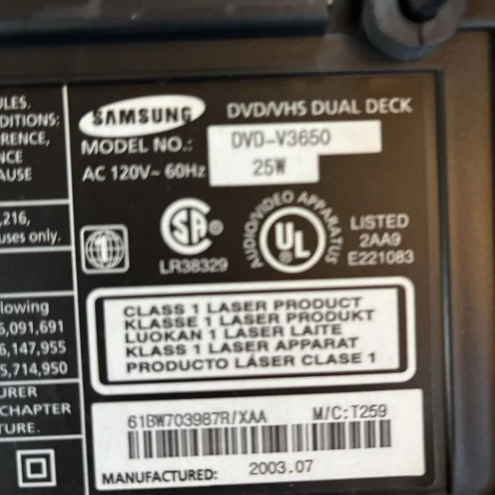 Samsung Dvd-V3650 Dvd/Vcr Combo Player VHS System w/ Remote Tested